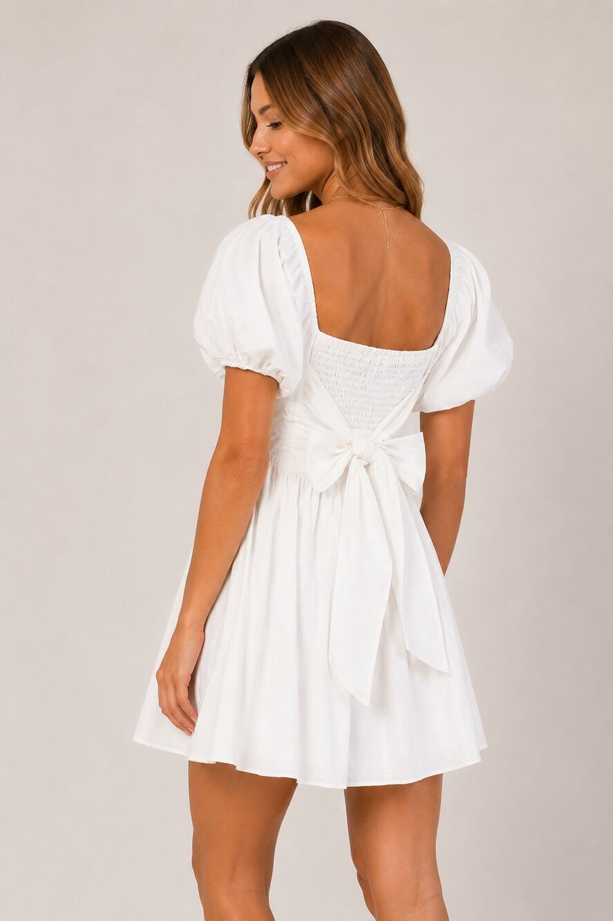 Heyson Puff Short Sleeve Babydoll Mini Dress White Womens Size Large New